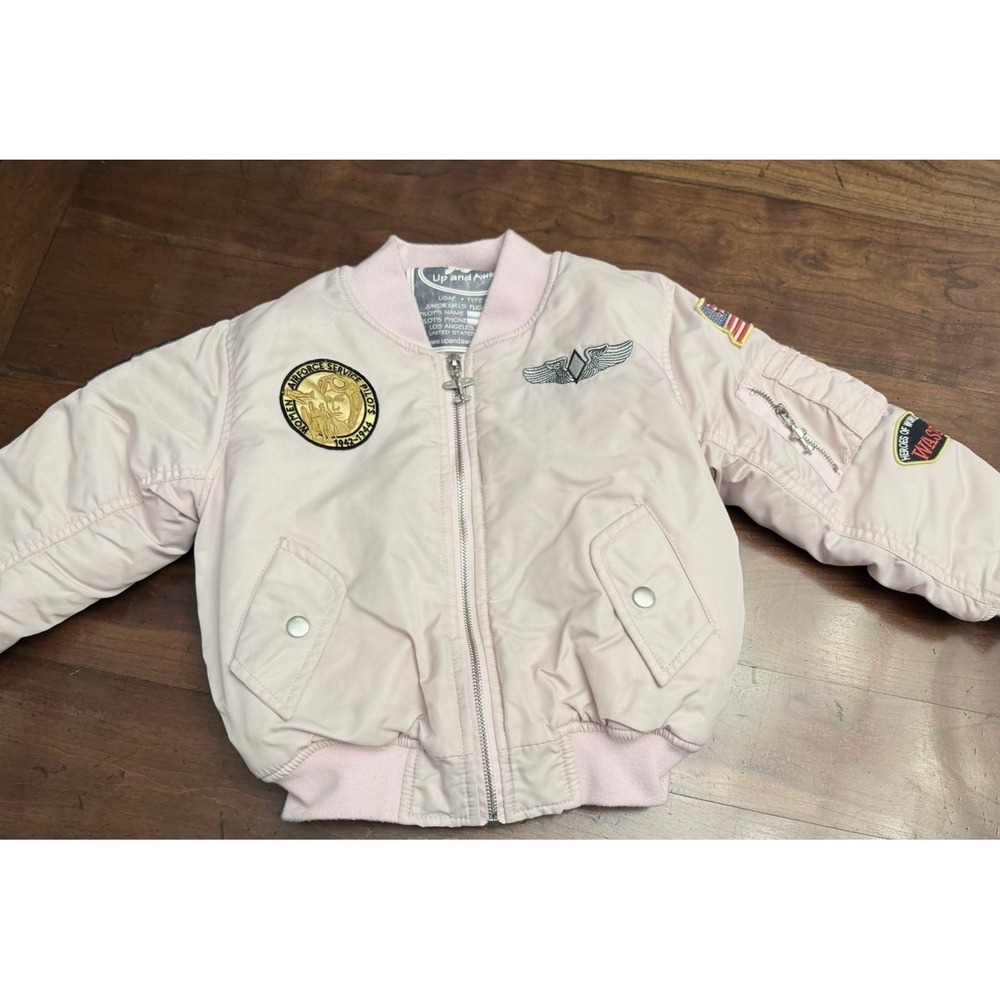 Up and Away Pink MA-1 Flight Jacket‎ with Patches and Airplane Zipper Medium 6